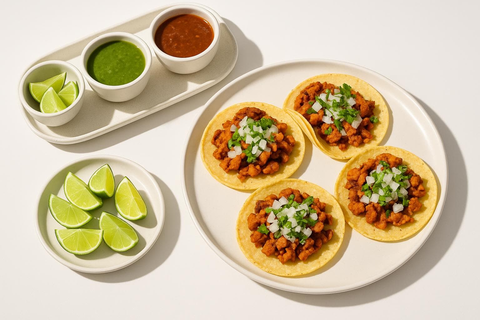 Mexican restaurant table with tacos, salsa, and lime wedges.