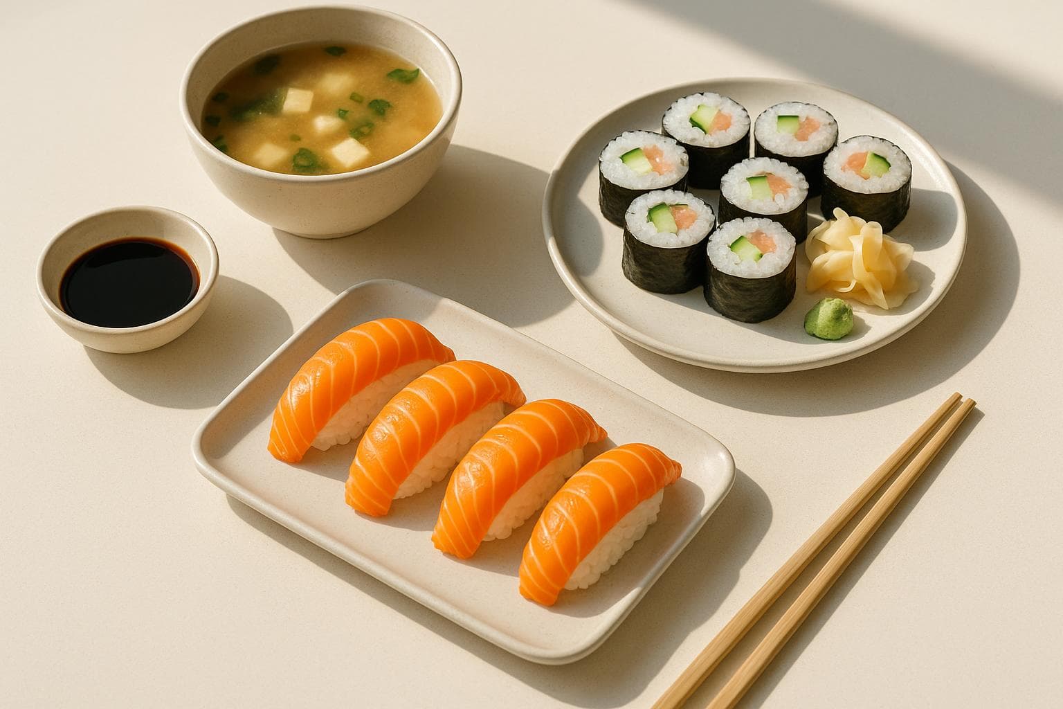 Sushi restaurant table with nigiri, rolls, and miso soup.