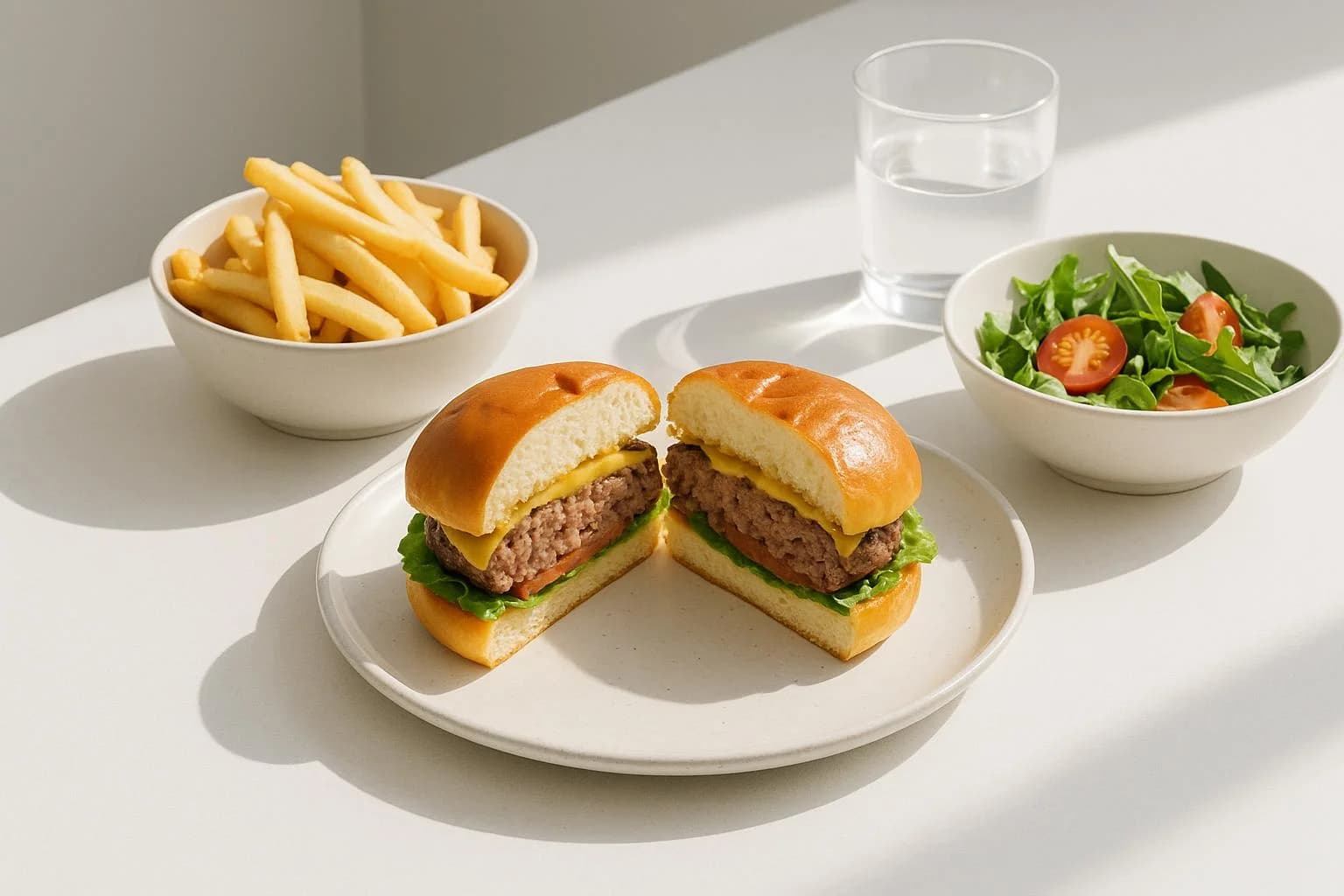 Burger restaurant table with a sliced burger and fries.