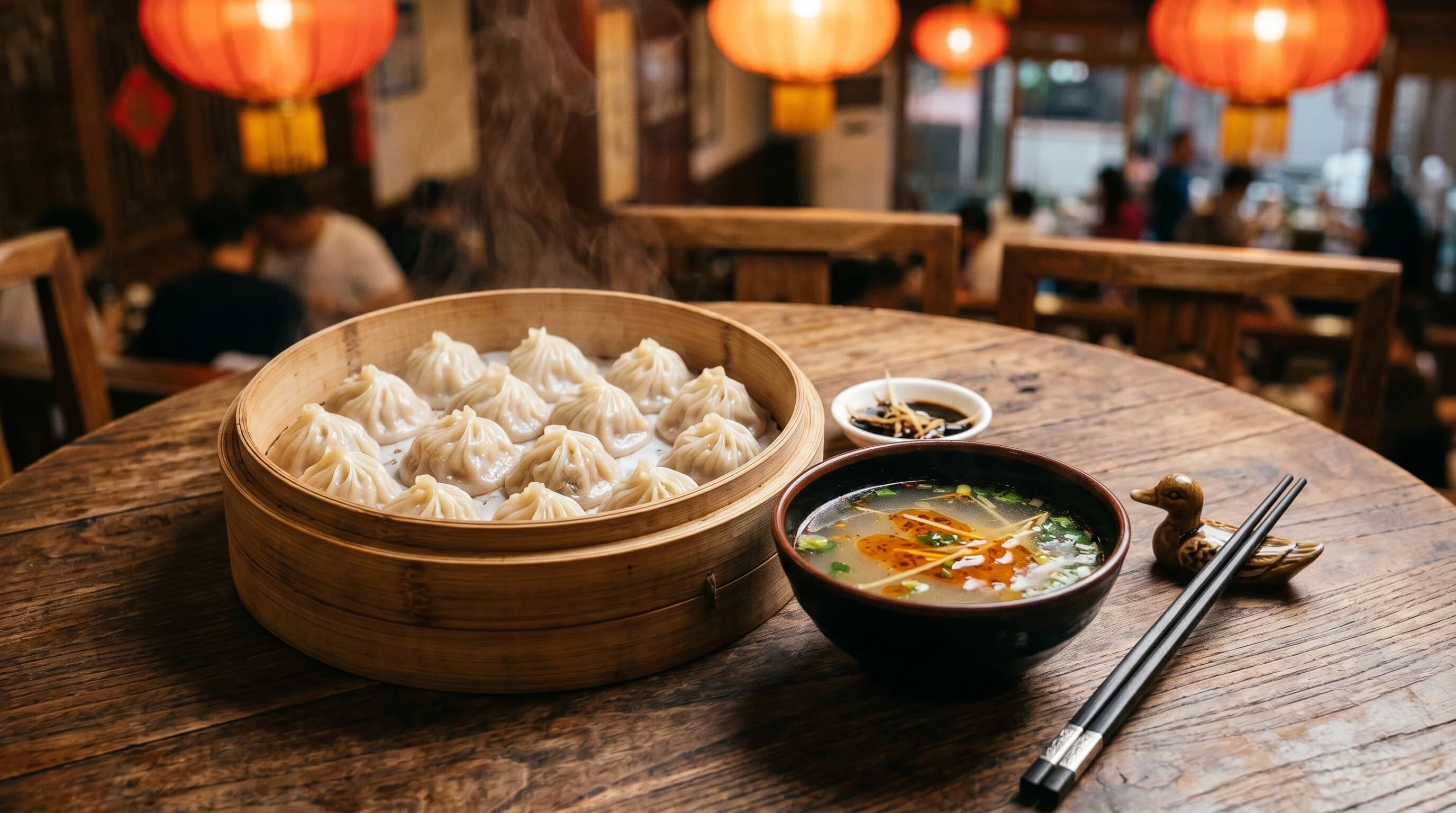 Chinese dim sum table with xiaolongbao dumplings and bone broth.