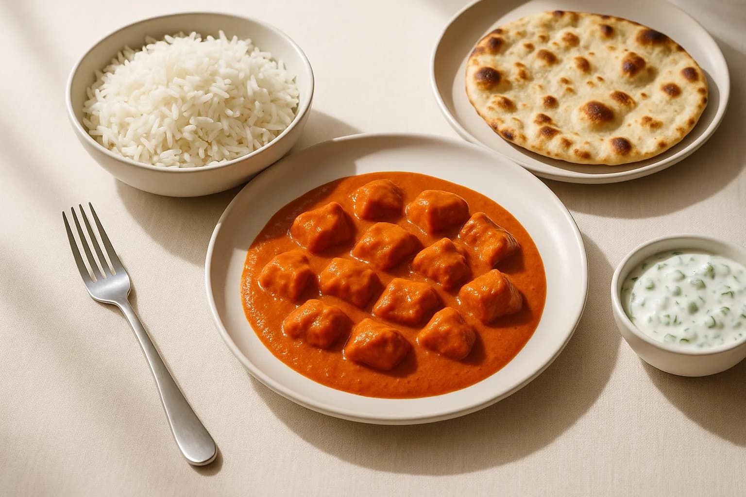 Indian restaurant table with curry, rice, naan, and raita.