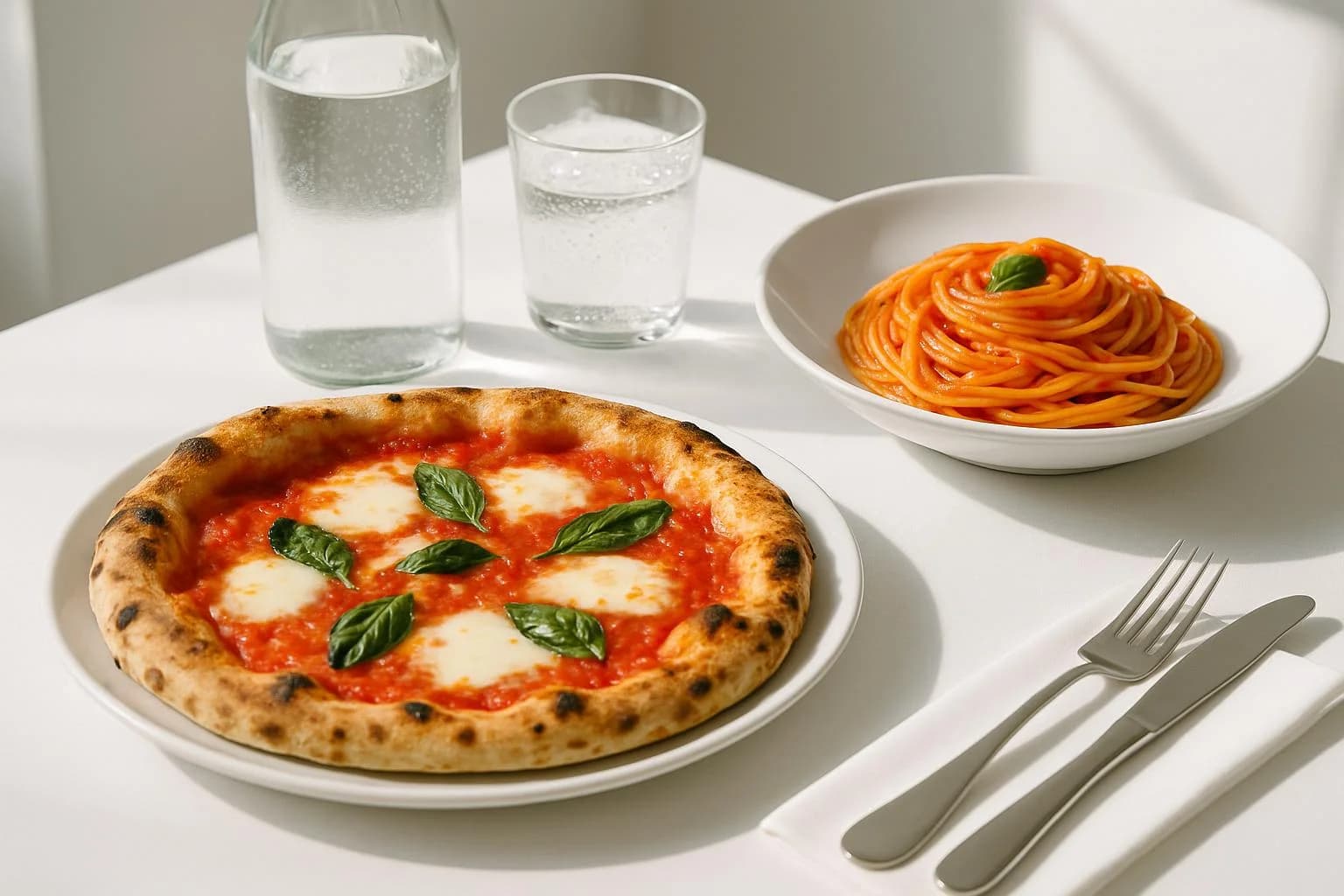 Italian restaurant table with margherita pizza and simple pasta.