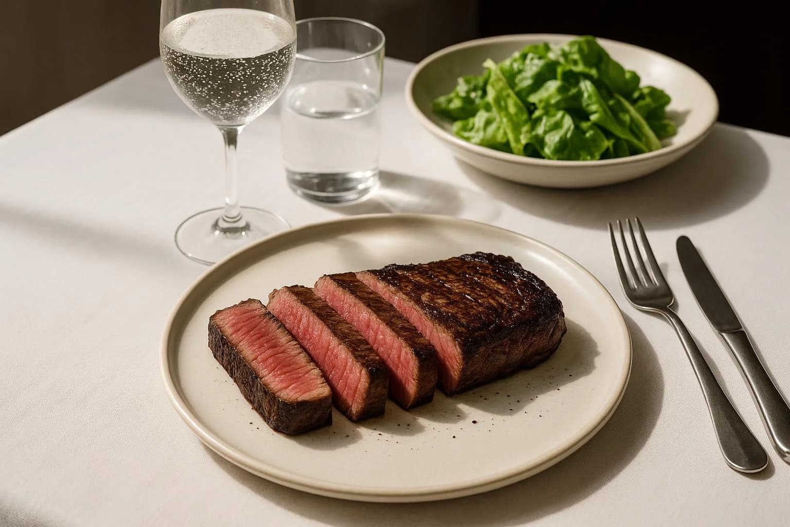 Steakhouse table with sliced steak and simple sides.
