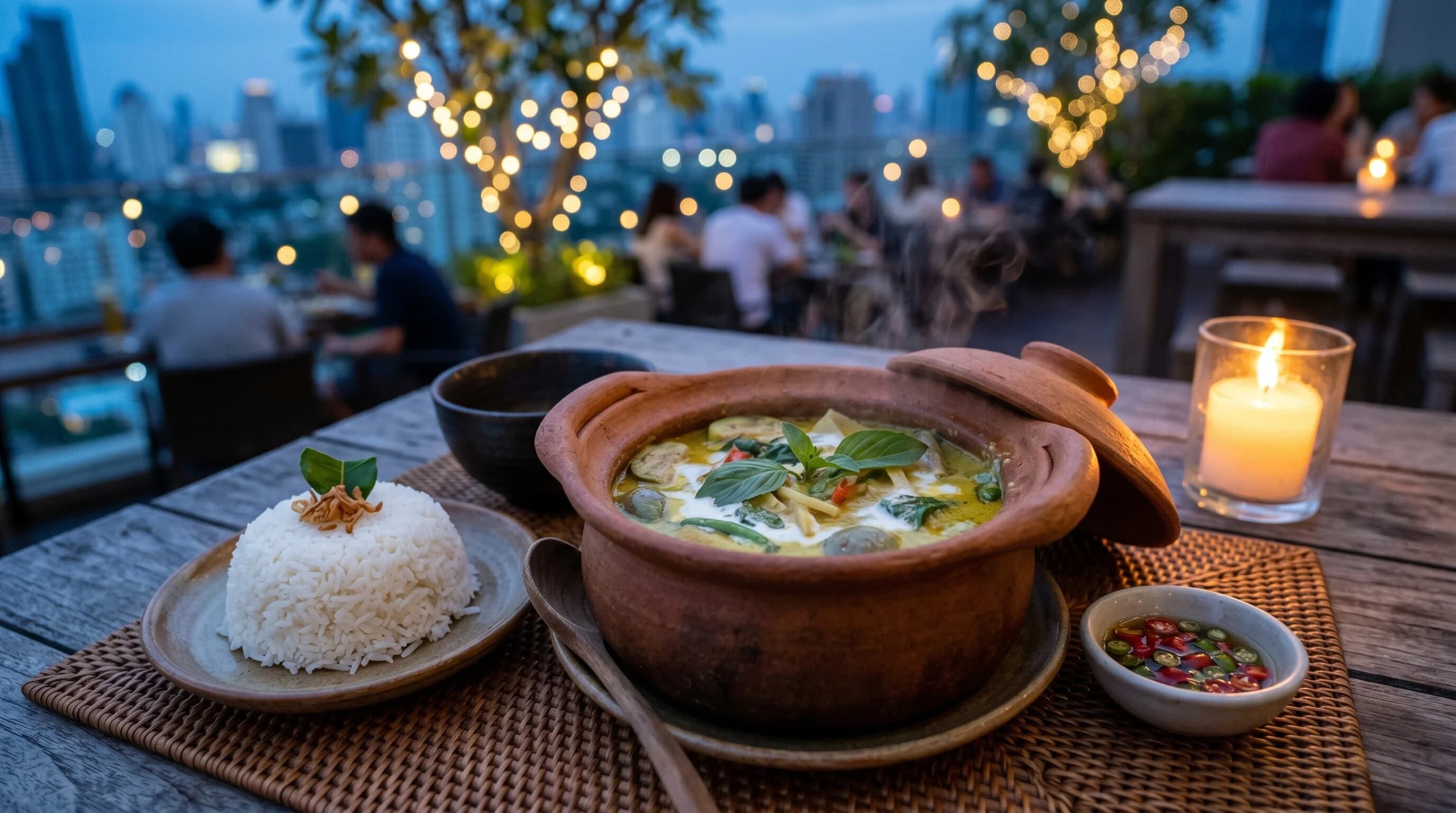 Thai green curry in a clay pot with jasmine rice and fresh herbs.