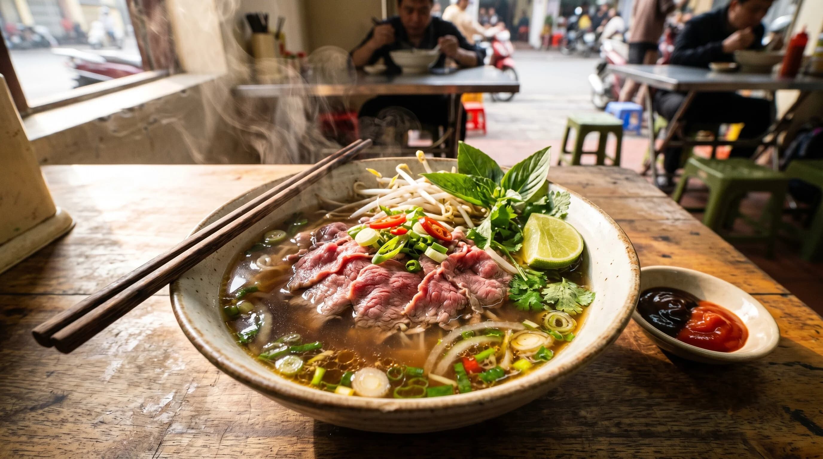 Vietnamese pho bo with rare beef, noodles, and fresh herbs.