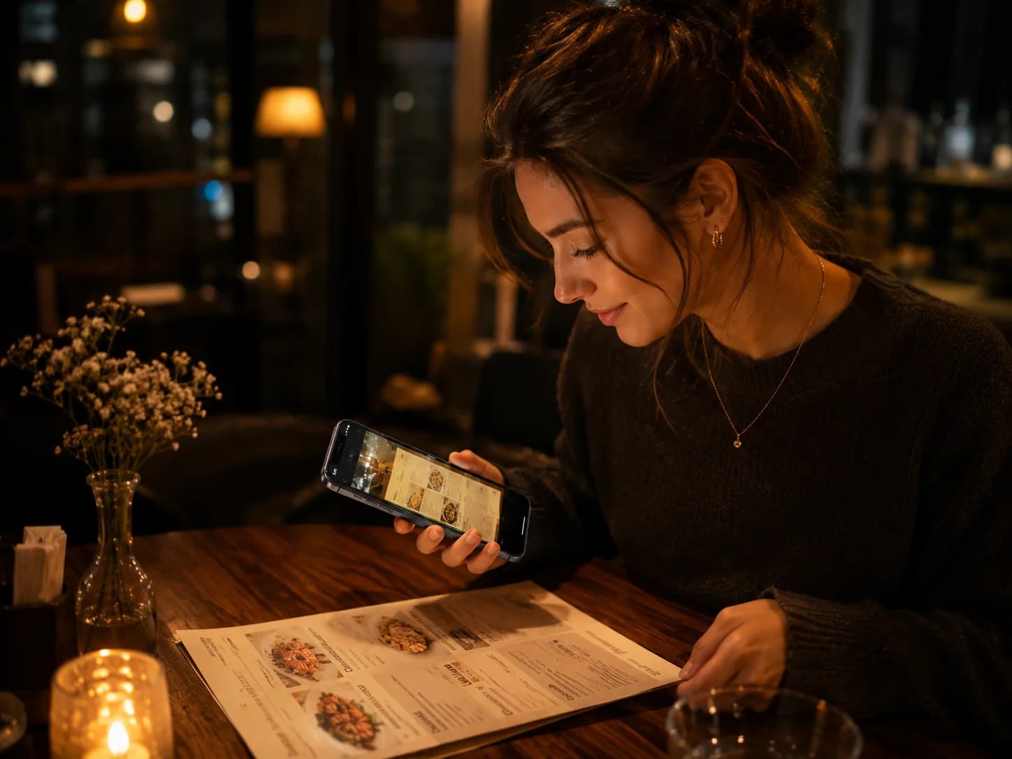Woman scanning a restaurant menu with her phone at a candlelit table.