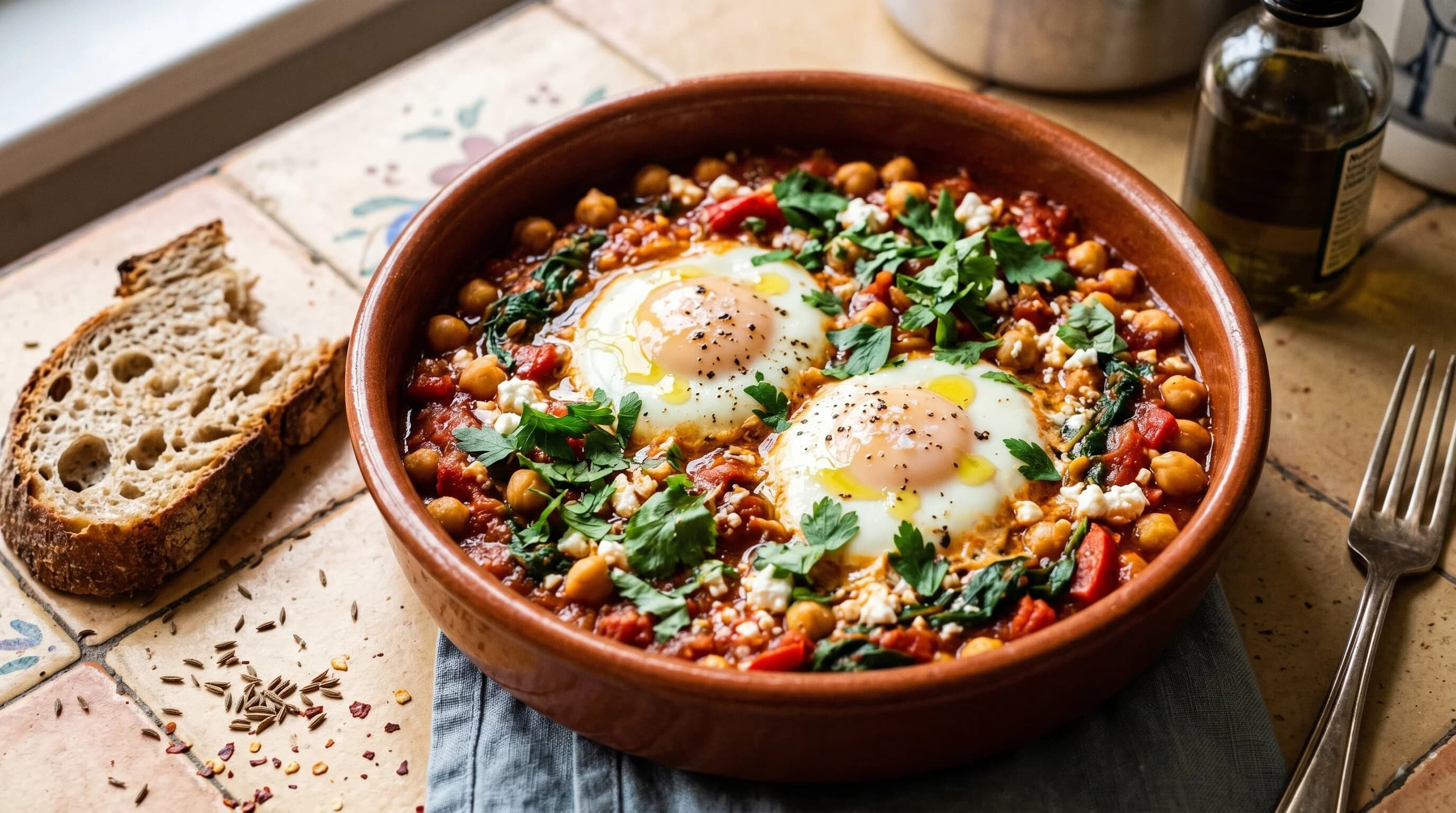 Vegetarian shakshuka with poached eggs, chickpeas, and sourdough.